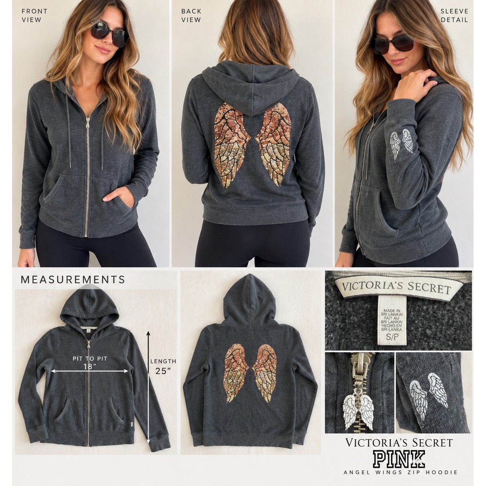 Victoria's Secret Angel Wings Zip Hoodie Size S/P Gray Sequin Sparkle